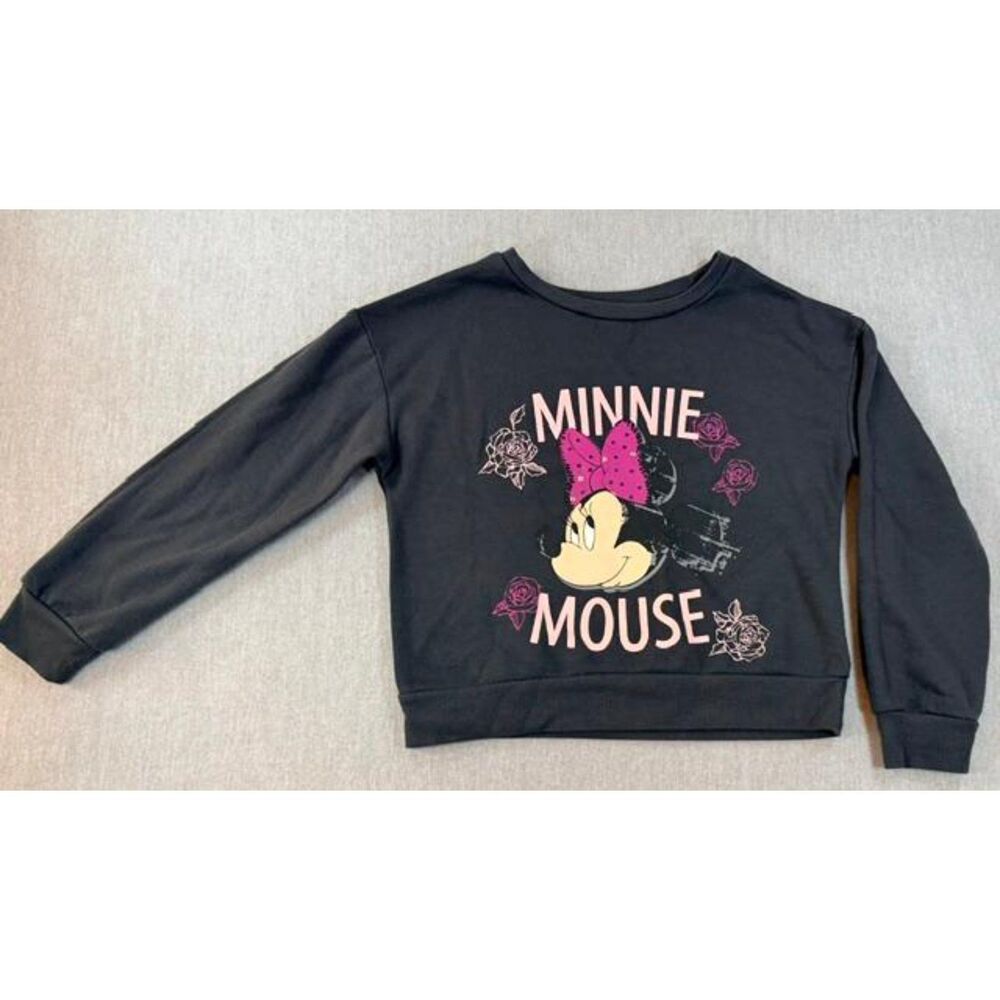 Disney Minnie Mouse Crewneck Sweatshirt Gray Pink Bow Rhinestones Girls Size 6
